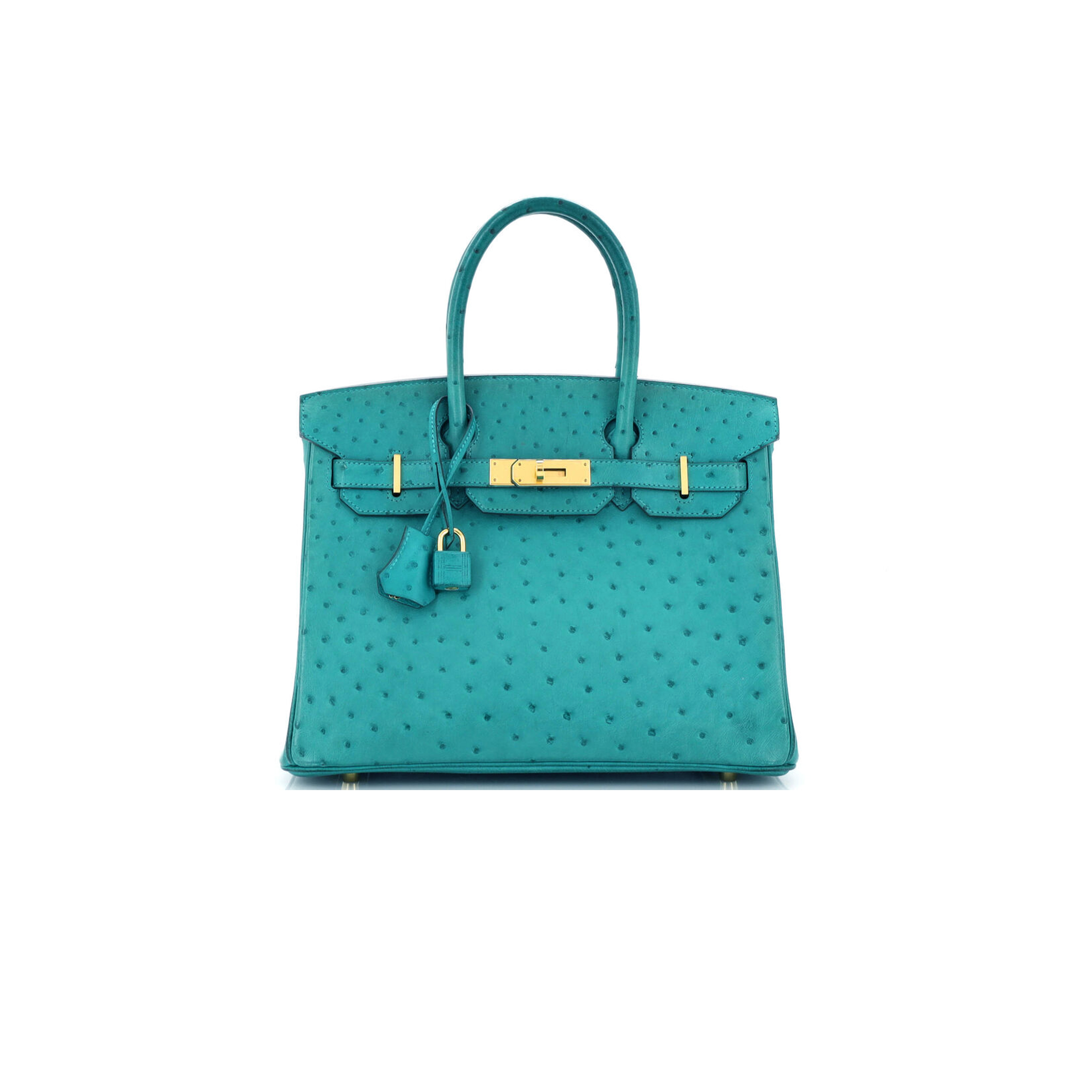 HERMÈS MASTER BIRKIN 25 OSTRICH AQUA BLUE GOLD BUCKLE H041944CK83 (25*20*13cm)